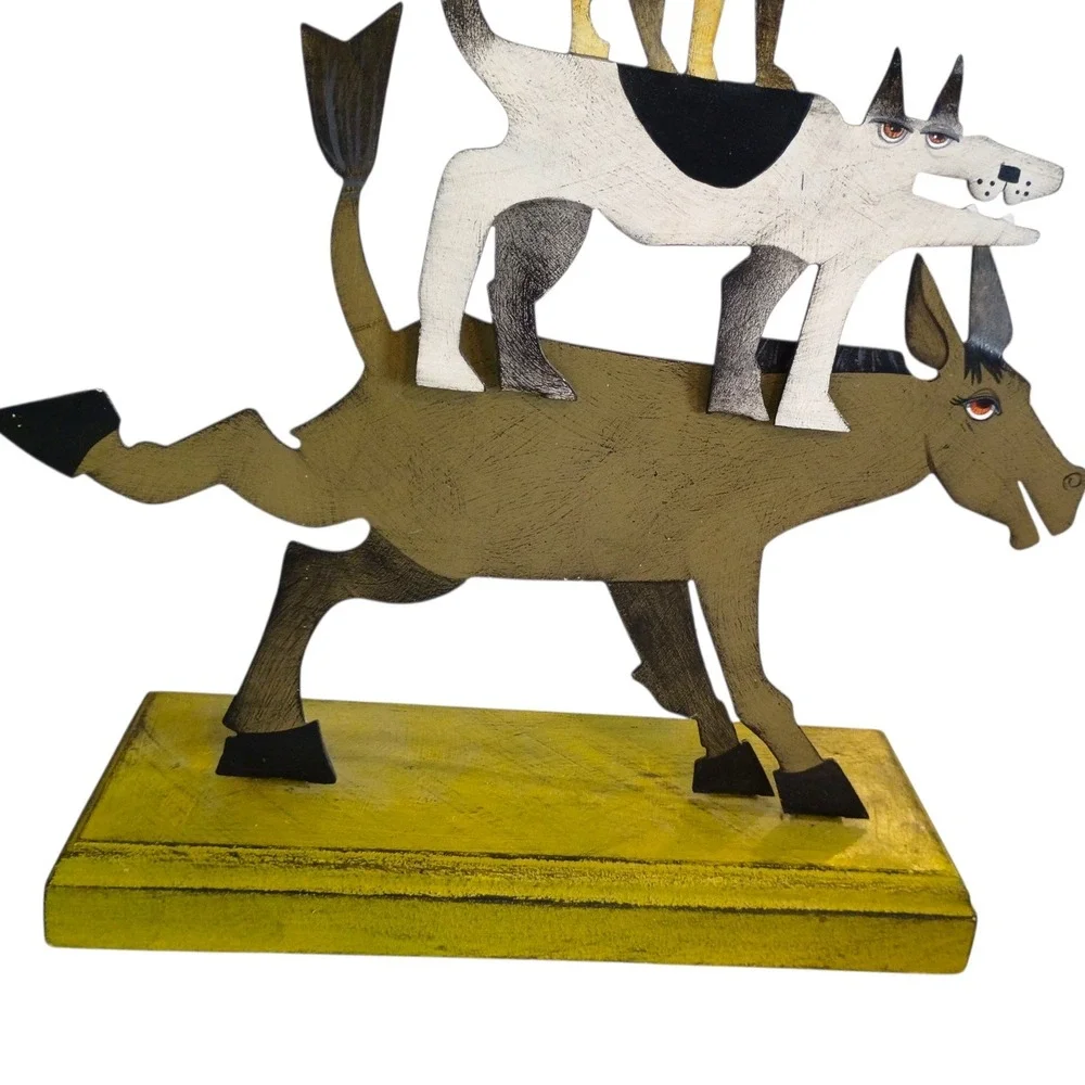 Whimsical Folk Art Wooden Shelf Clock Town Musician Bremen Donkey Dog Cat Signed